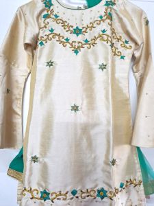 Kids Costumes to Hire - Indian -  Teal Green Pants & Cream bedazzled top